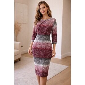 New York & Company Stretch Sheath Dress M Burgundy Black 3/4 Slv  Work Office